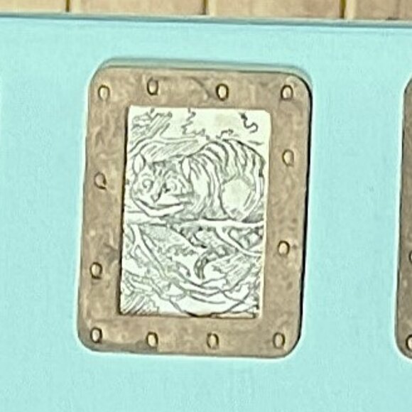 Vintage Handmade Sage Green Alice in Wonderland Themed Mirror on Wood w/Trinkets - Picture 6 of 12